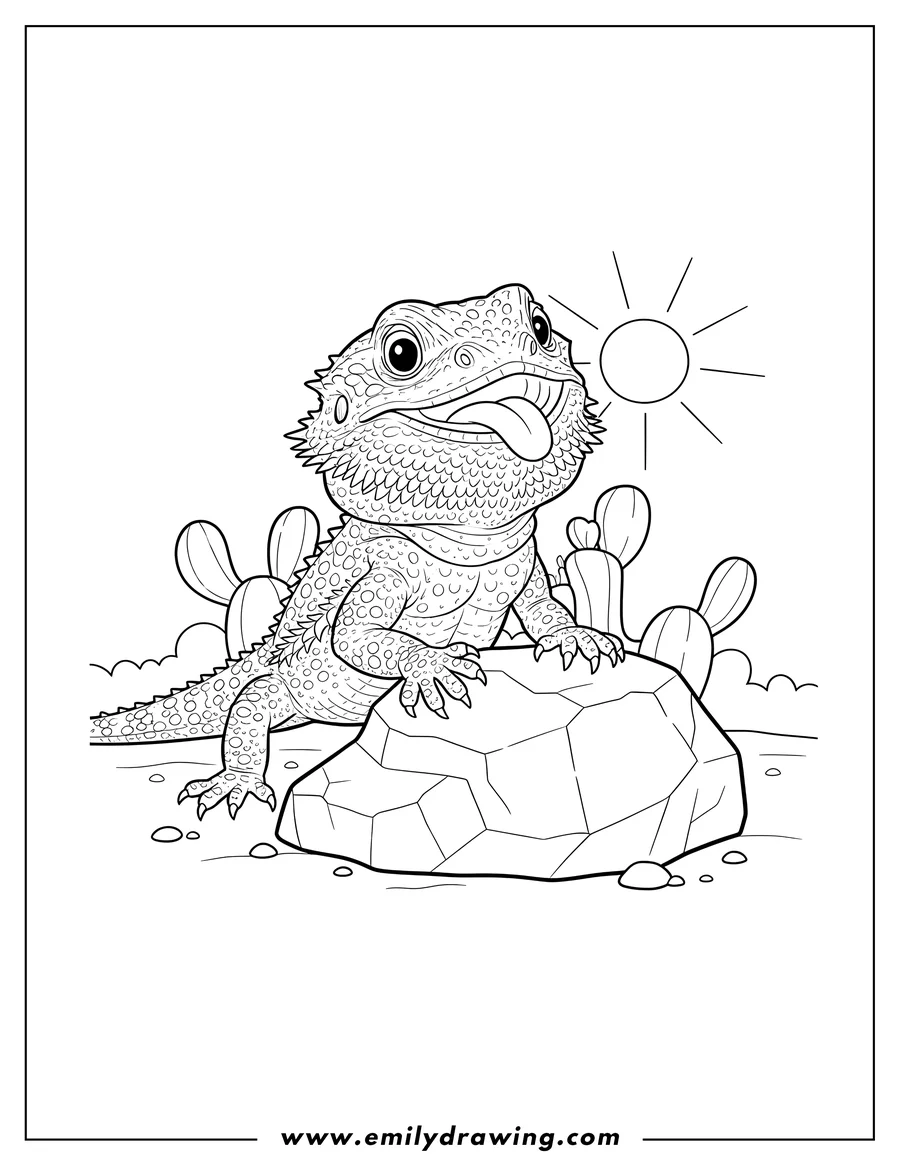 Simple sketch of happy Bearded Dragon With Textured Skin, mouth open with tongue showing, standing with one foot on a rock to color