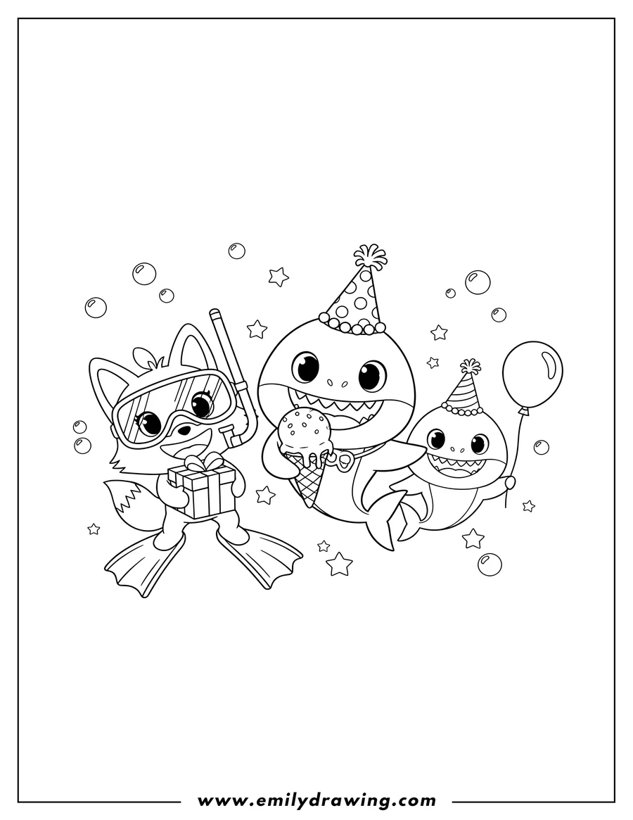 Downloadable coloring page of happy Birthday Baby Shark wearing a party hat and holding an ice cream, with Pinkfong in goggles and flippers, and another smiling Baby Shark friend