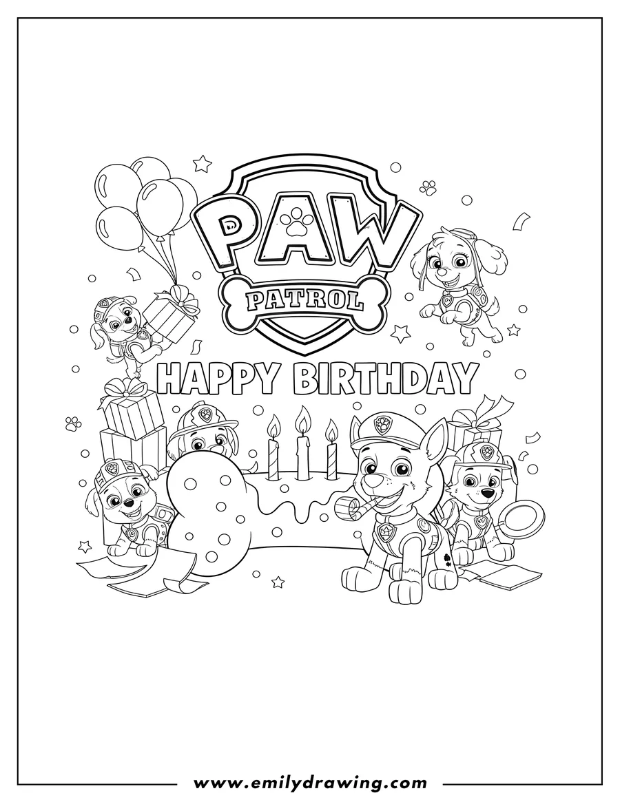 Simple sketch of happy Birthday Paw Patrol pups with a bone and logo to color