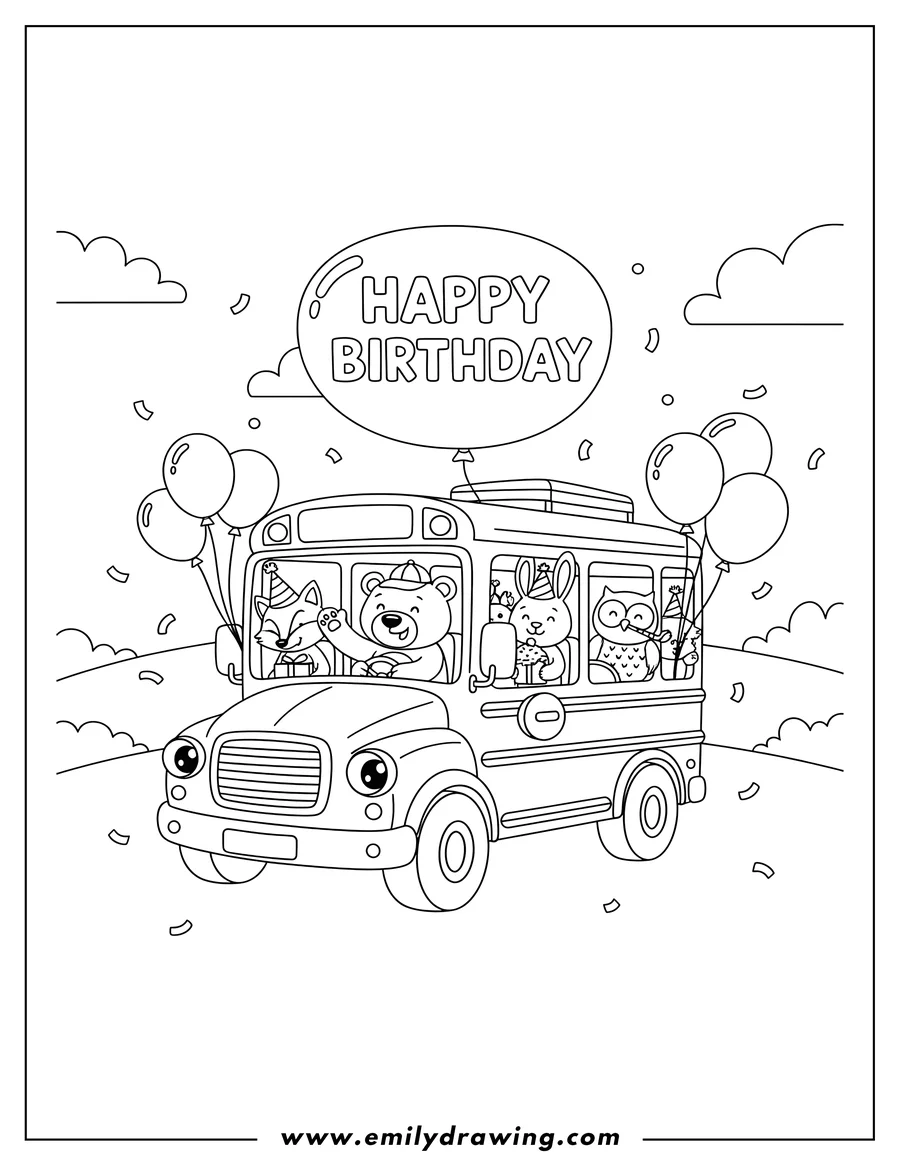 Outline drawing of happy Birthday School Bus with a bear driving, animal passengers, and balloons