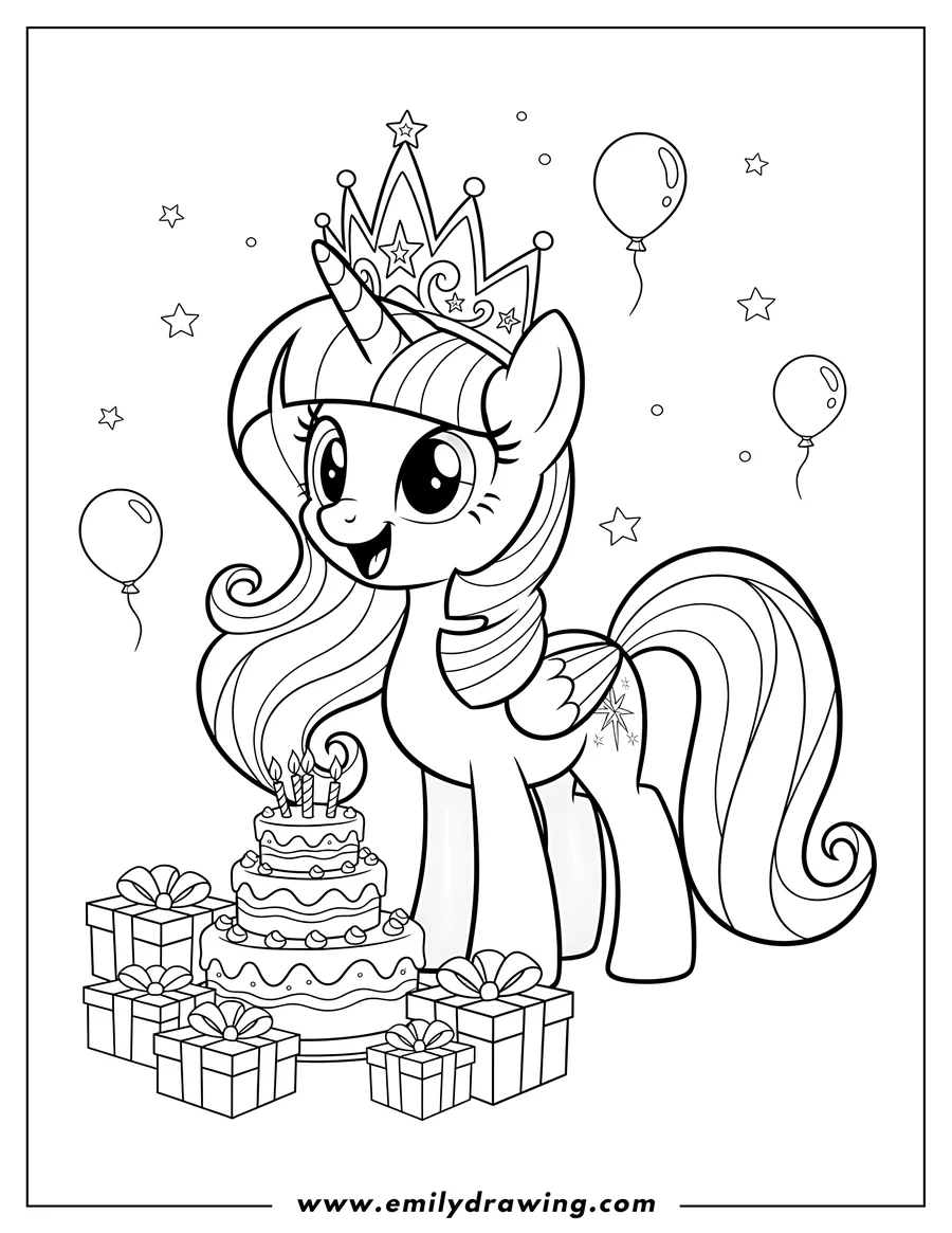 PDF style coloring page: happy Birthday Twilight Sparkle wearing a crown, with a birthday cake and gifts