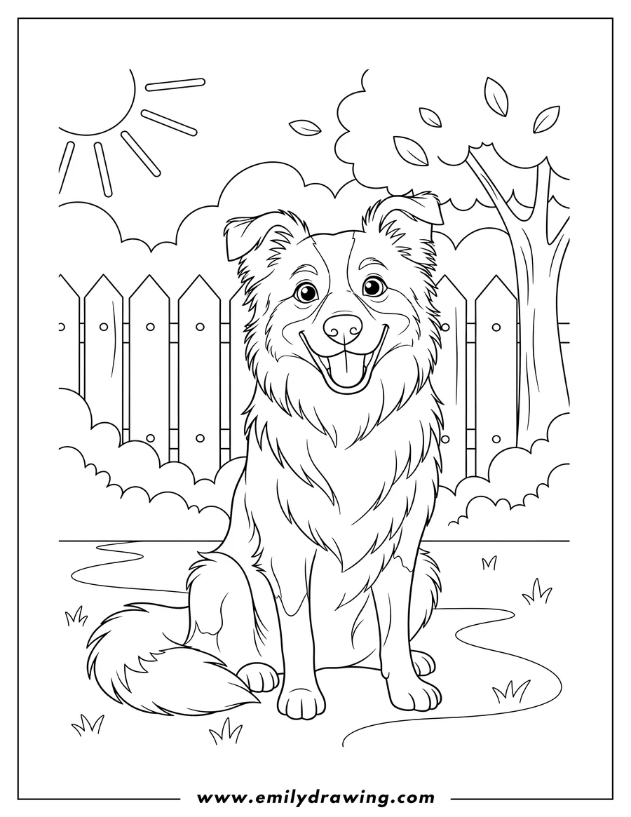 Linear illustration of happy Border Collie Dog sitting in backyard