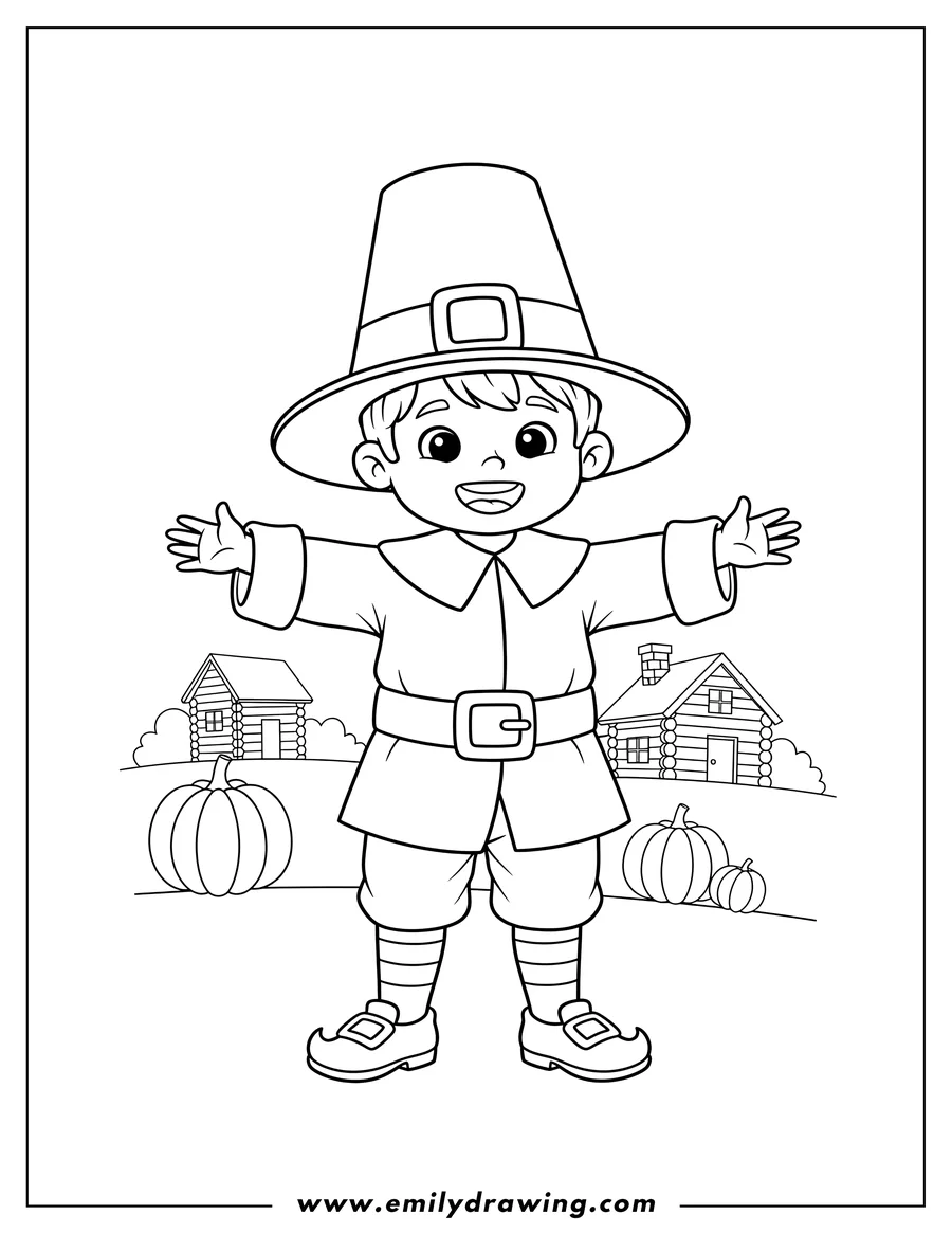 Linear illustration of happy Boy Pilgrim preschooler standing, smiling, wearing a hat and buckled outfit, coloring page