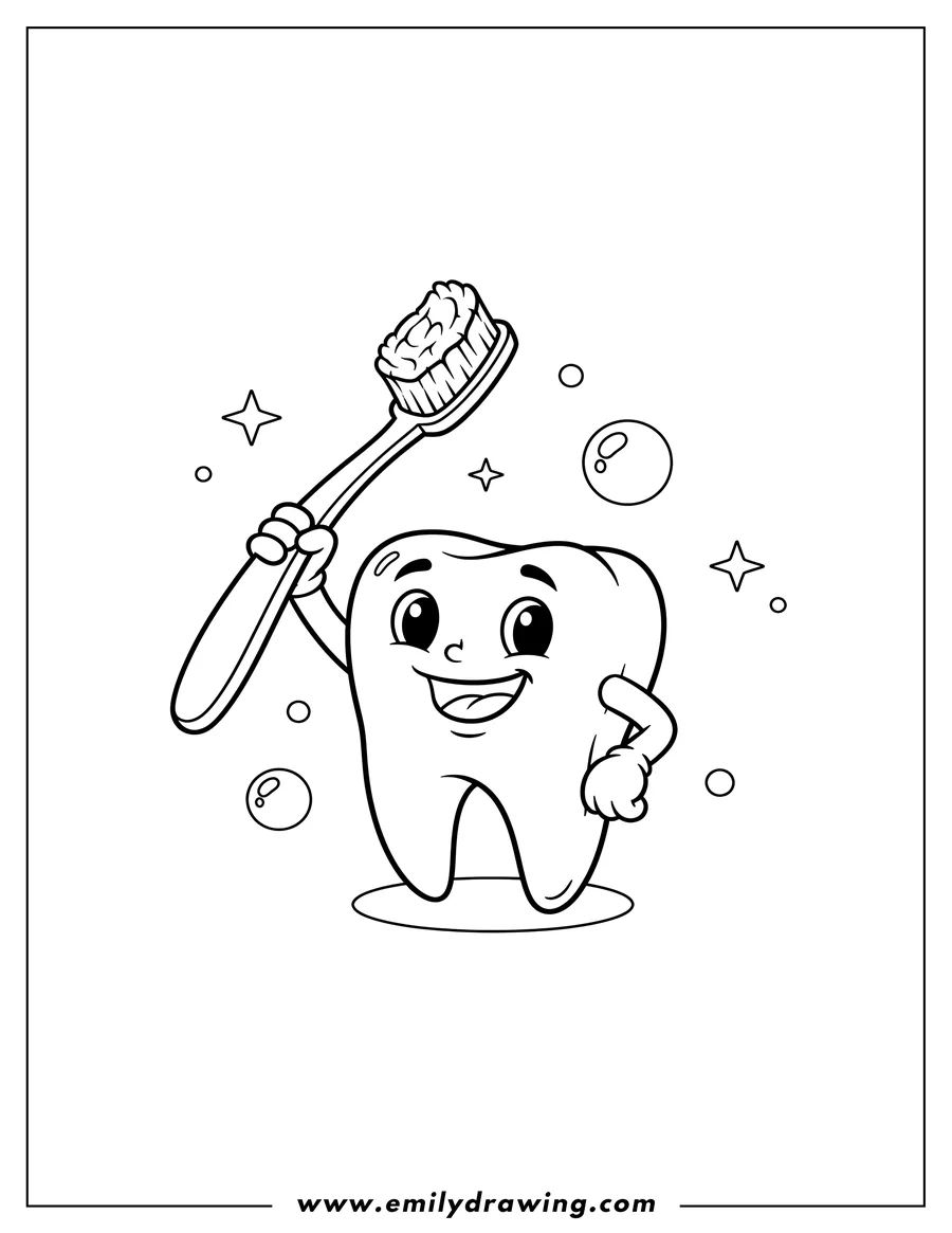 Full page coloring image of happy cartoon tooth holding a toothbrush up