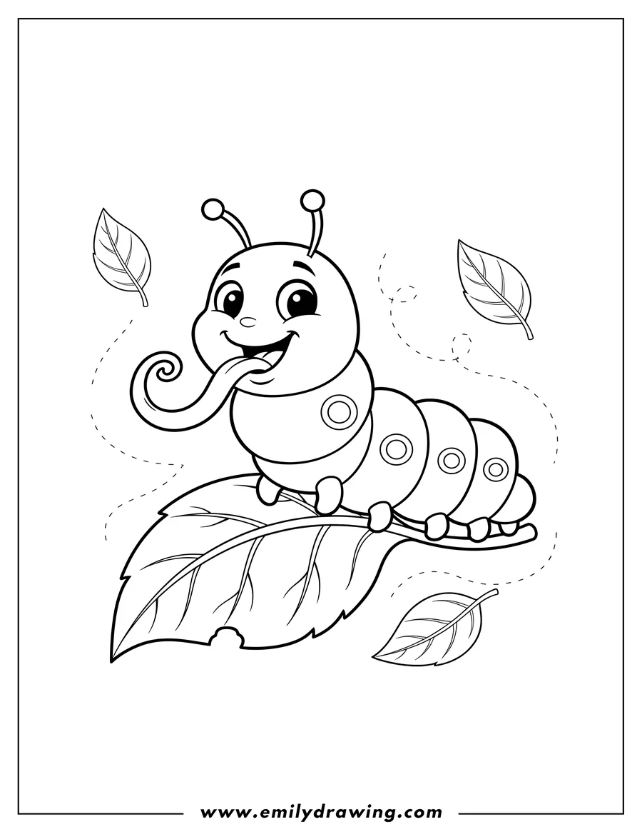 Simple sketch of happy Caterpillar with tongue out eating a leaf To Color to color