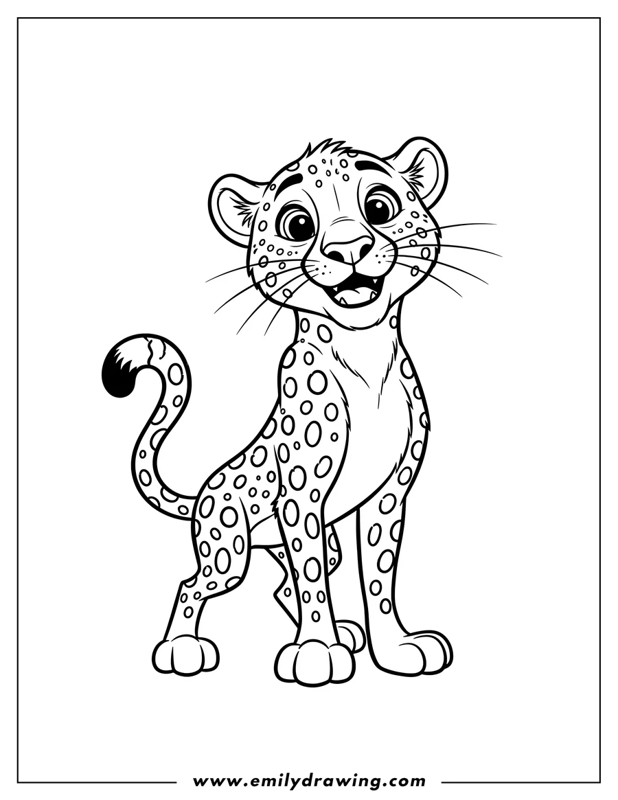 Coloring sheet featuring happy Cheetah With Large Spots, standing with a curled tail