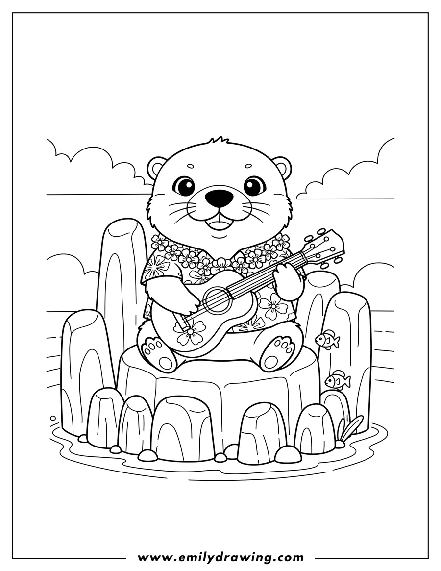 Coloring page of happy Chibi Otter Playing Ukulele On Stone Forest