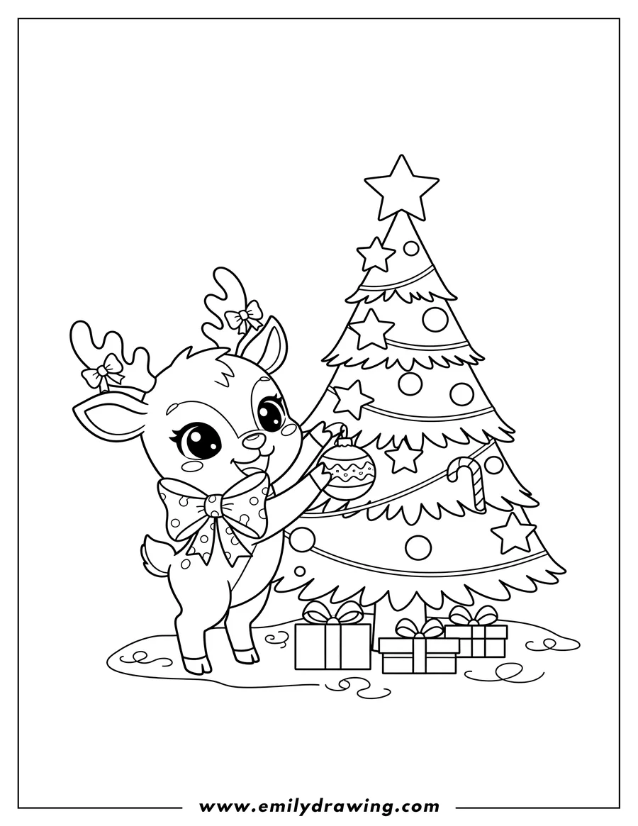 Printable line art of happy chibi reindeer with a bow, decorating a Christmas tree by holding an ornament, for preschoolers