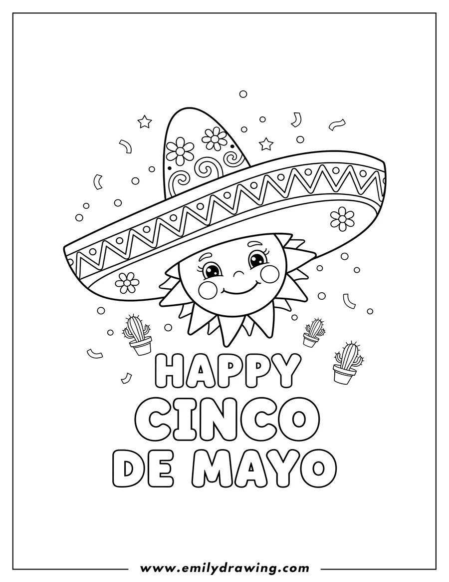 Free to print drawing of happy Cinco De Mayo coloring page with bubbly outlined text and a large sombrero decorated with a zigzag brim