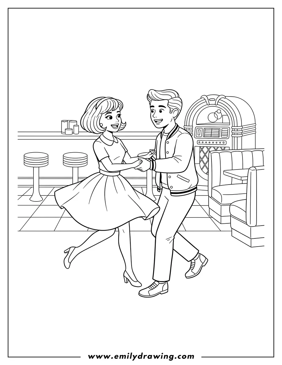 Printable coloring page of happy Couple holding hands and smiling at each other, swing dancing at a vintage diner with a jukebox