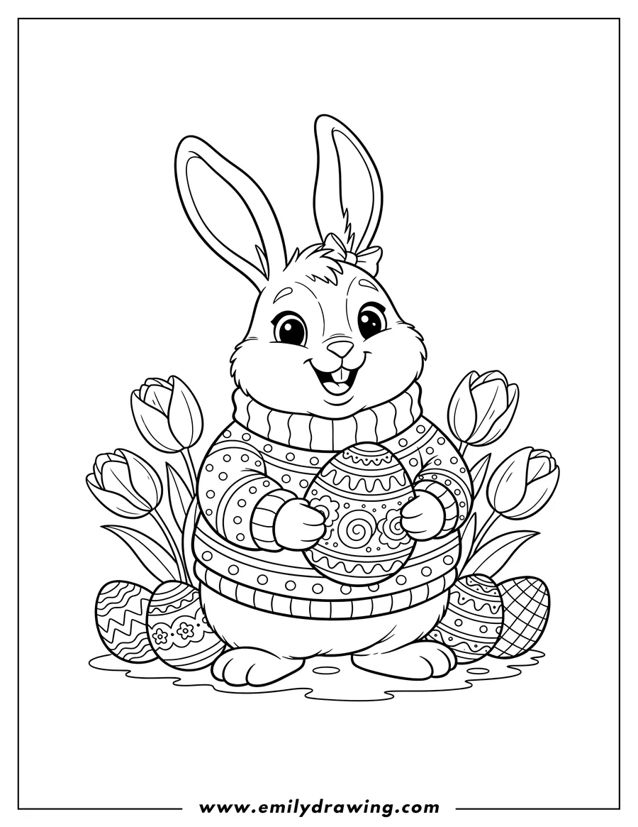Linear illustration of happy Easter Bunny in a sweater holding an egg, surrounded by tulips and decorated eggs
