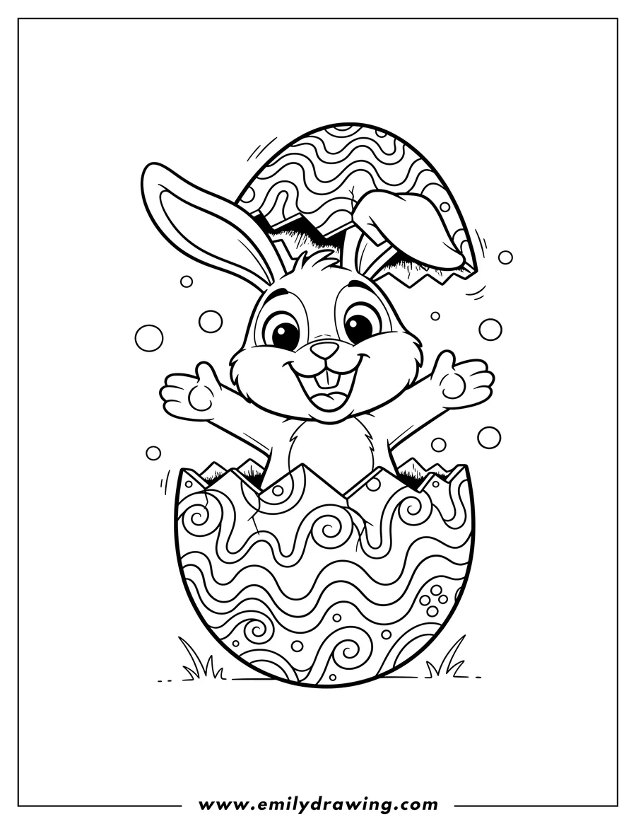 Simple sketch of happy Easter Bunny with an excited expression, popping out of a wavy patterned egg to color