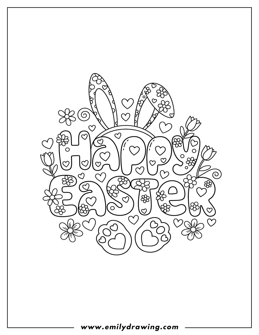 Downloadable coloring page of happy Easter text with bunny ears and paw prints, decorated with hearts and flowers