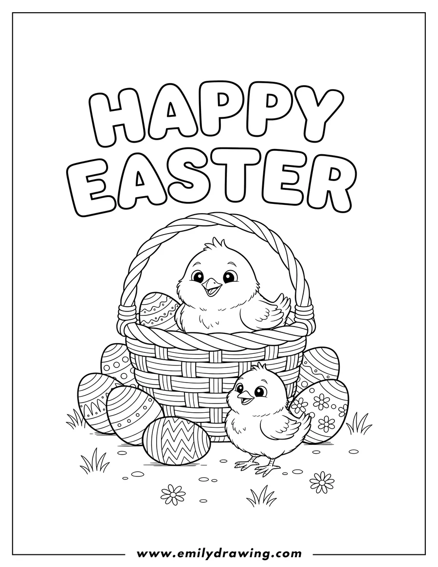 Black and white line art of happy Easter coloring page with a chick in a basket, a smaller chick next to the basket, decorated eggs, and the words Happy Easter