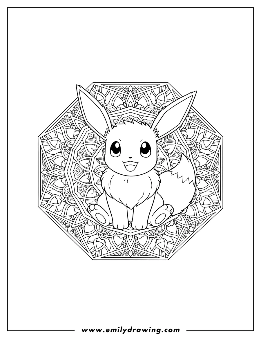 Coloring sheet featuring happy sitting Eevee Inside Octagon Mandala