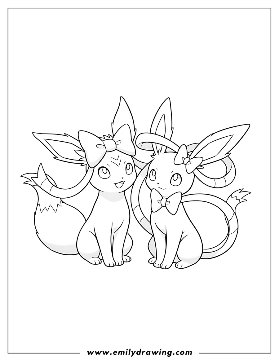 Coloring page of happy Espeon and Sylveon sitting close together wearing bows