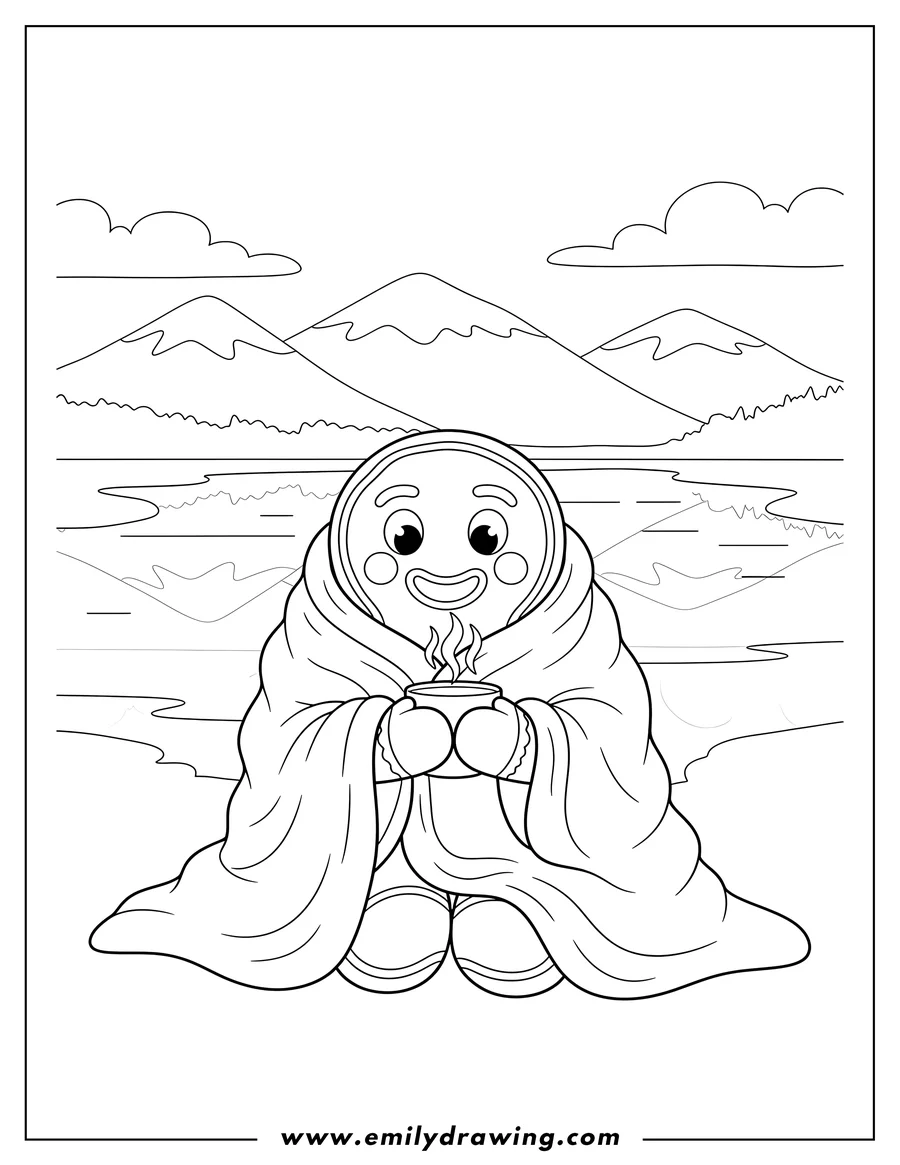 Printable line art of happy Gingerbread Man sitting, wrapped in a blanket, and holding a mug by a mountain lake