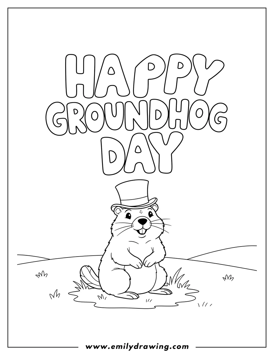 Coloring page for kids: happy Groundhog Day Words in a heart shape above a groundhog sitting on the grass, wearing a top hat