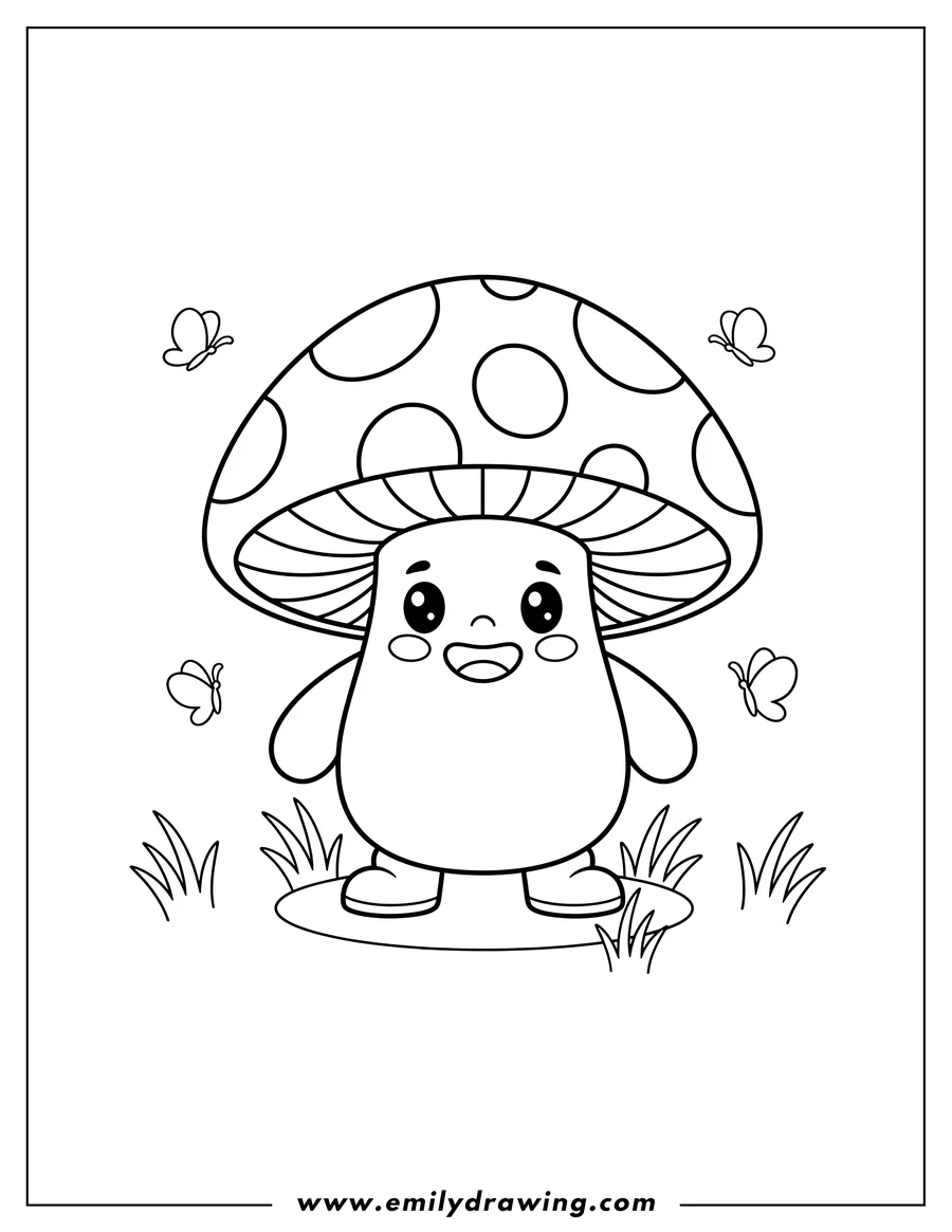 Coloring page of happy Kawaii Mushroom with a spotted cap and smiling face, standing