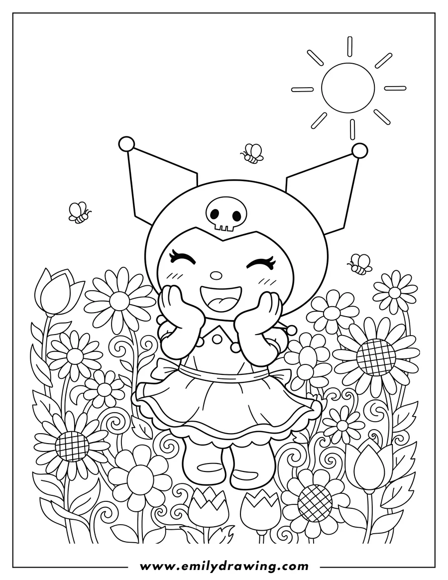 Free to print drawing of happy Kuromi giggling with hands to her face in a flower field