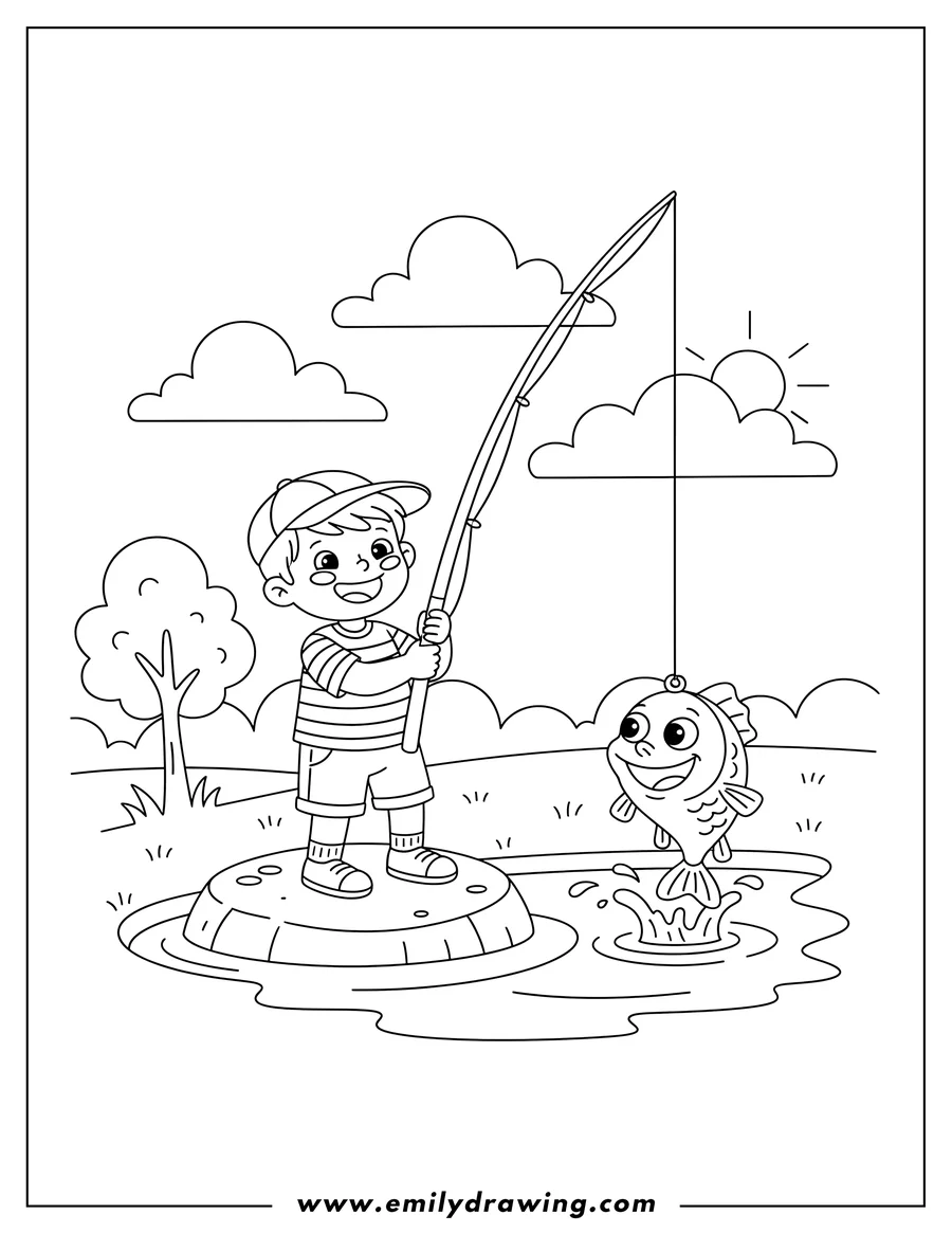 Linear illustration of happy little boy fishing, holding a fishing rod with a fish on the line