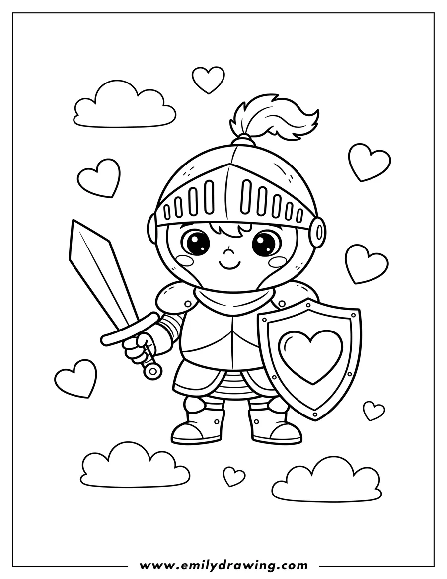 Full page coloring image of happy Little Knight in Armor Holding a Sword and Shield, With Hearts and Clouds, Preschoolers