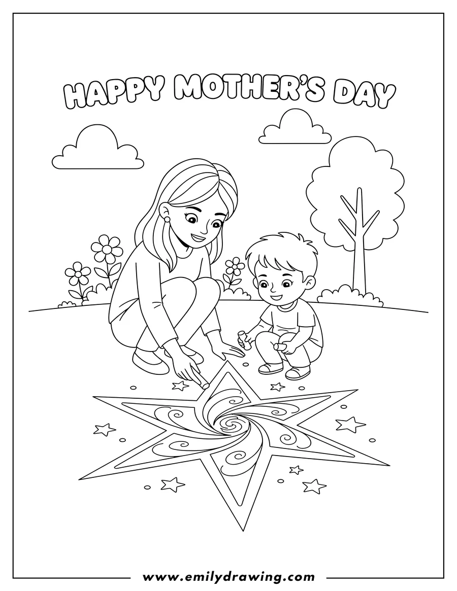 Coloring page for kids: happy Mother's Day Words with a Mother and Son squatting, drawing a star-like chalk pattern on the ground