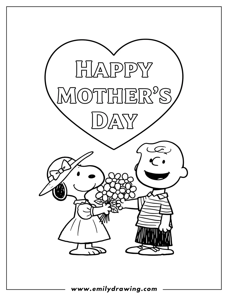 Doodle style coloring picture of happy Mother's Day greeting in a heart above Charlie Brown and Snoopy, with Snoopy in a dress and hat presenting flowers to Charlie Brown