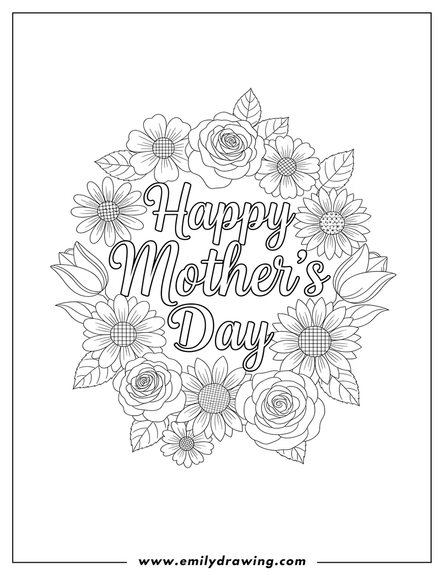 Printable coloring page of happy Mother's Day words in decorative script font, surrounded by realistic outline flowers with patterned centers