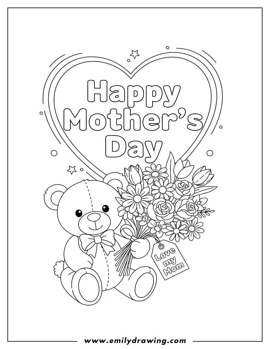 Outline drawing of happy Mother's Day text inside a large heart, with a sitting teddy bear holding a bouquet of flowers and a 'Love my Mom' tag