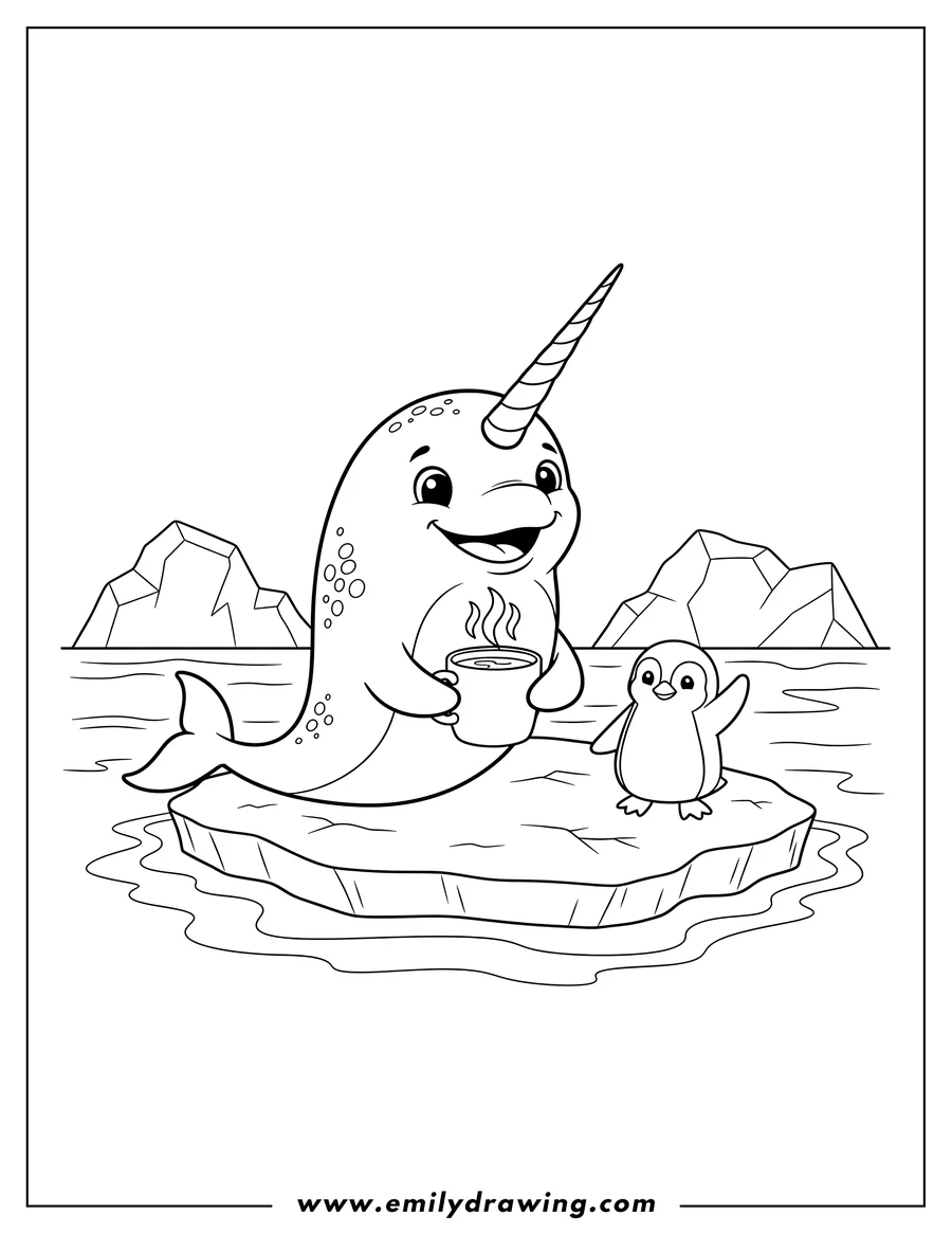 Free printable coloring sheet of A happy narwhal holding a coffee cup with a penguin waving from an ice floe