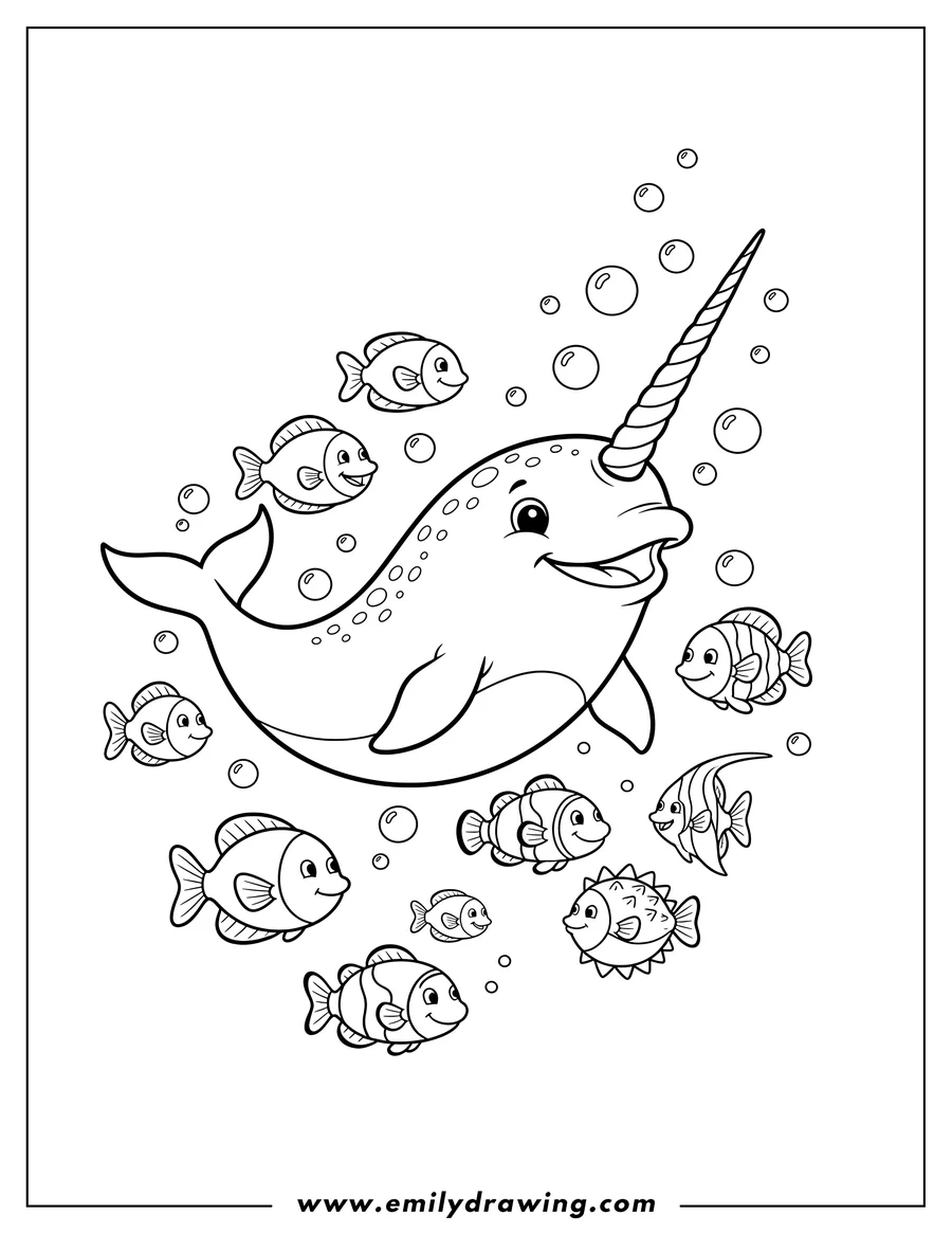 Vector style outline of happy Narwhal Swimming With Fishes and Bubbles