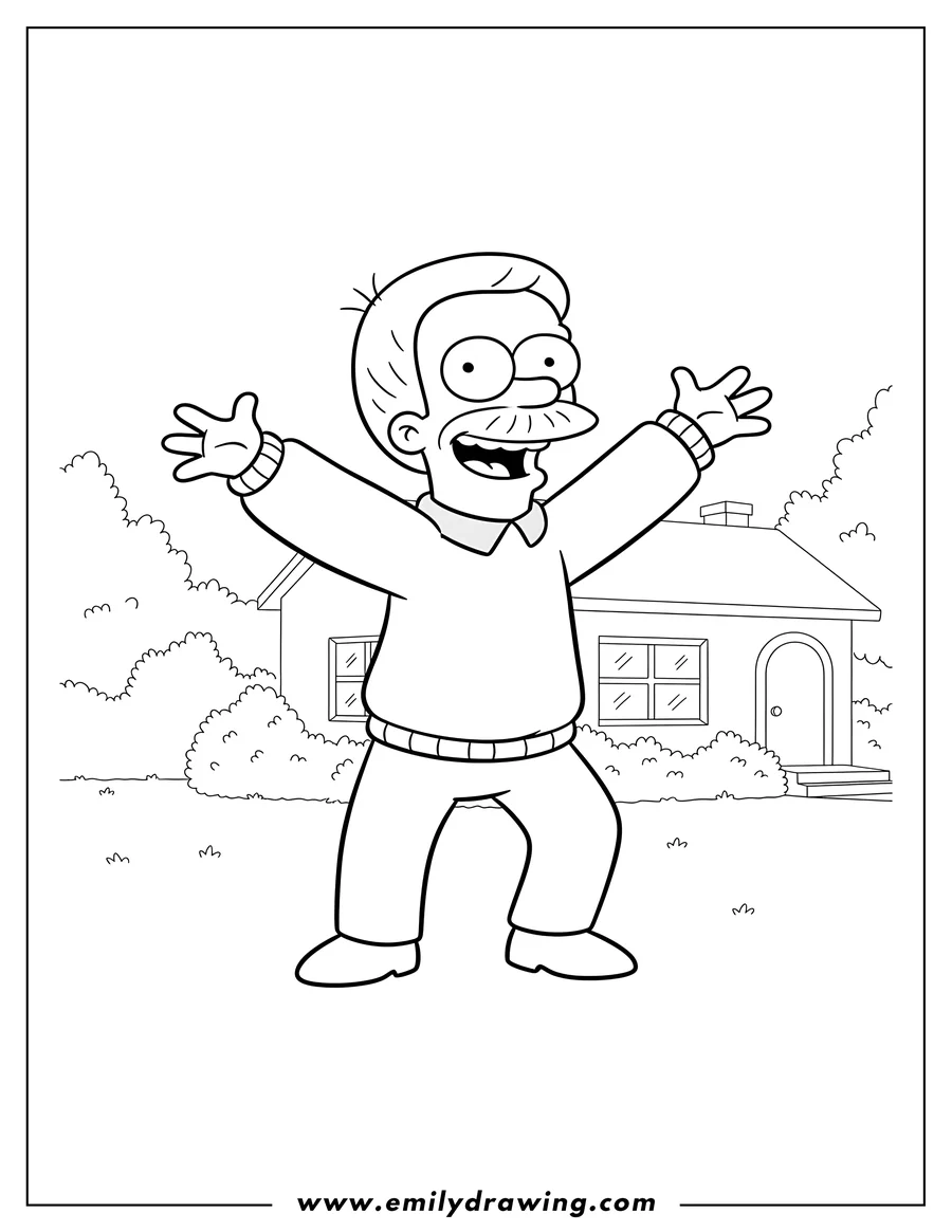 Coloring page for kids: happy Ned Flanders talking excitedly