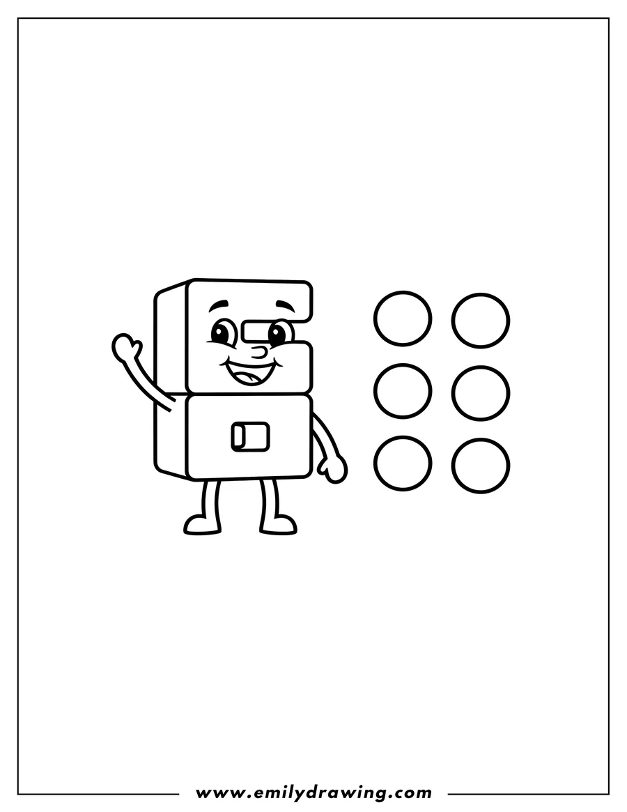 Outline drawing of happy Numberblock Six standing with six dots