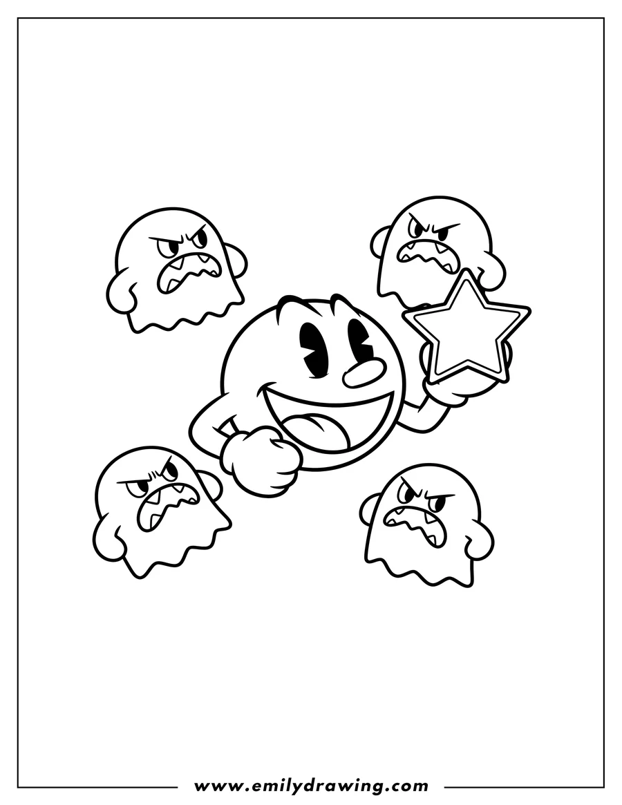 Clean line drawing: happy Pac-Man holding a star power pellet with angry ghosts