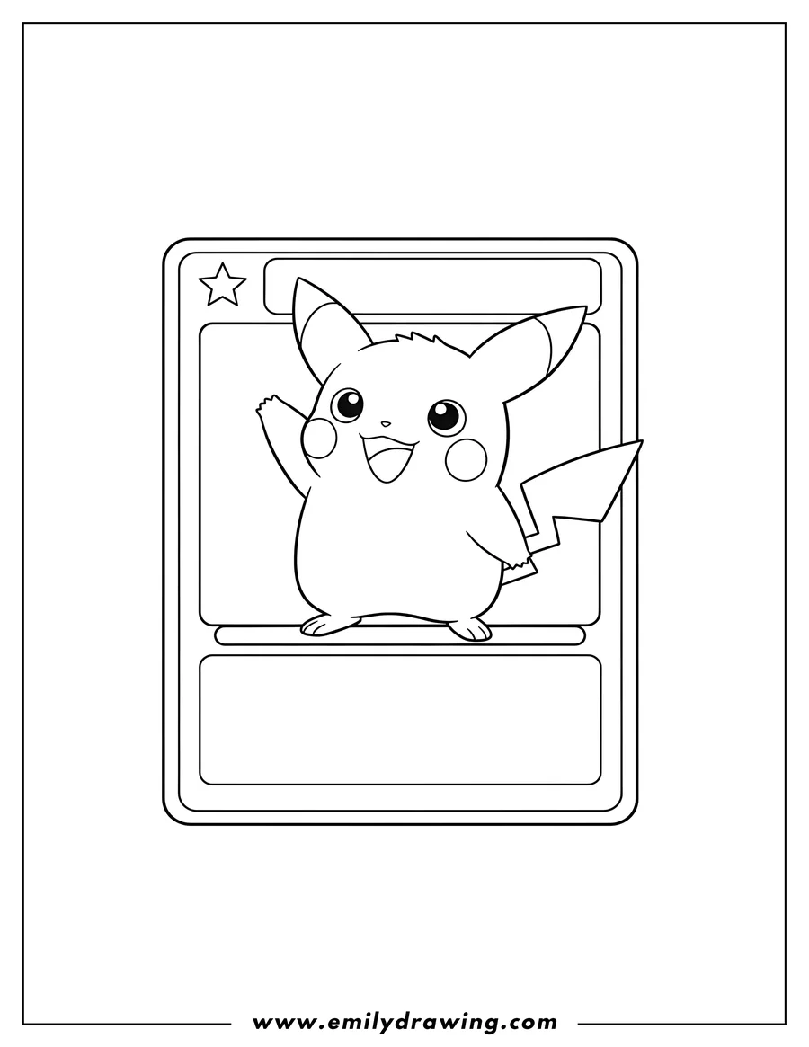 Printable line art of happy Pichu with one arm raised on a Pokemon card coloring page
