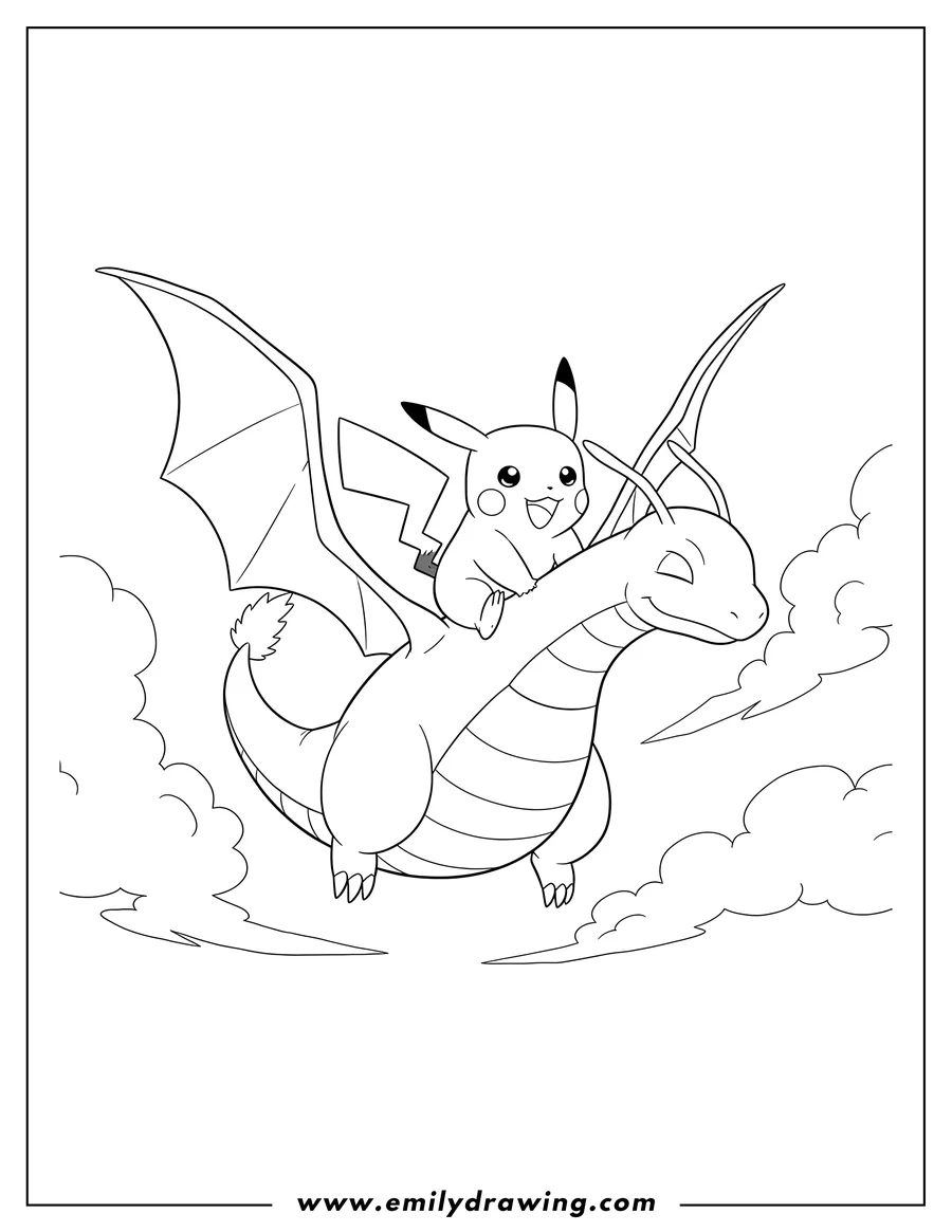 Black and white line art of happy Pikachu riding on flying Dragonite's back