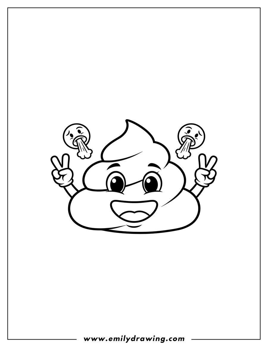 Outline drawing of happy Poop Emoji with peace signs and vomiting faces