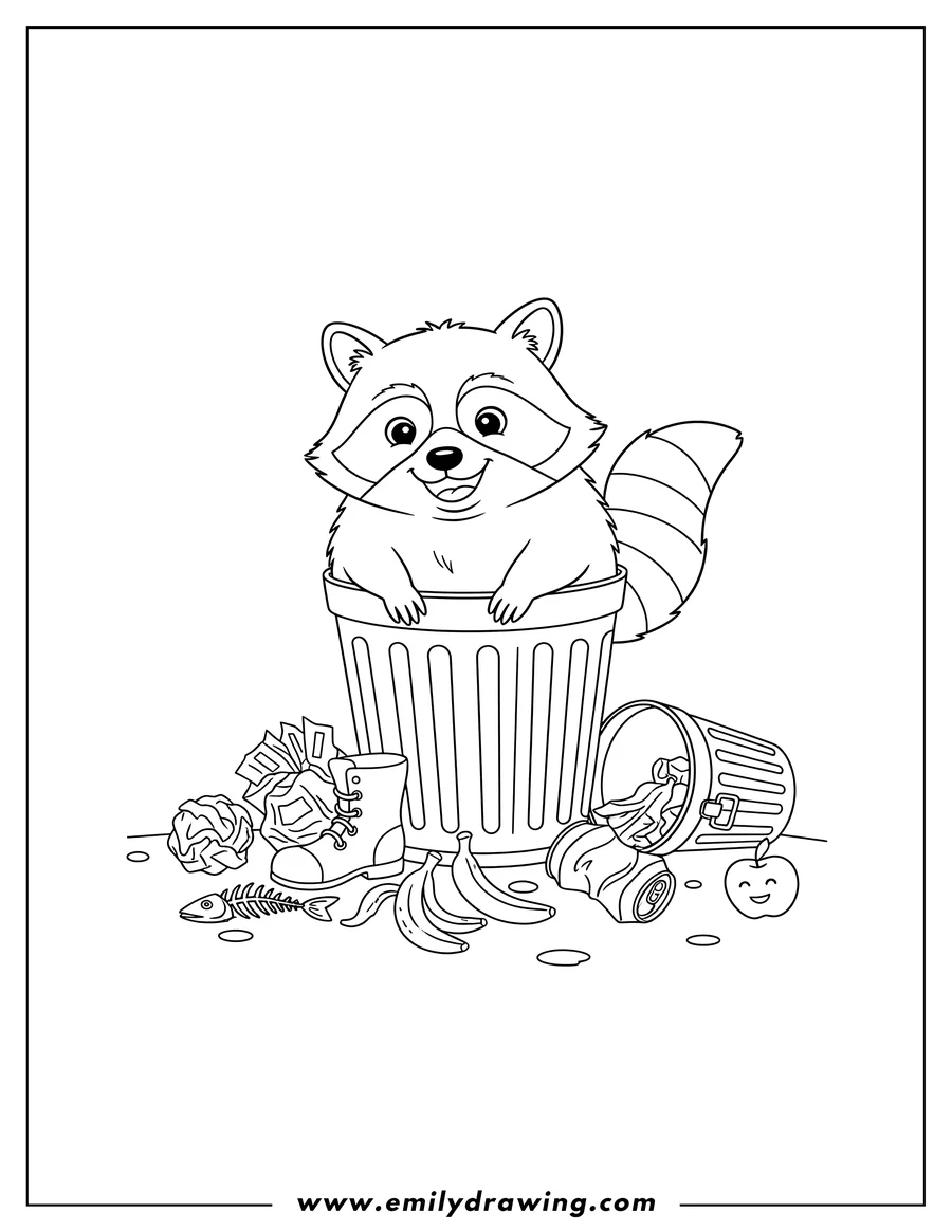 Doodle style coloring picture of happy raccoon peeking out of a trash can with spilled garbage and a tipped-over bin