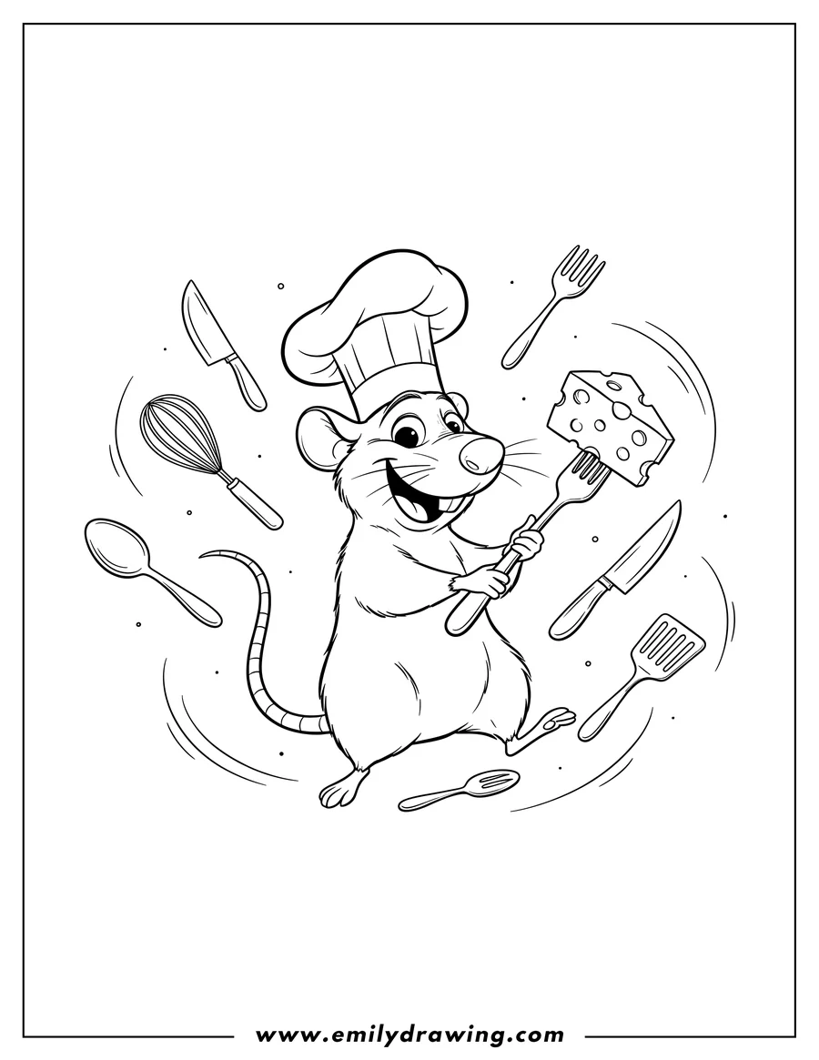 Full page coloring image of happy Ratatouille holding cheese on a fork, surrounded by flying kitchen cutlery