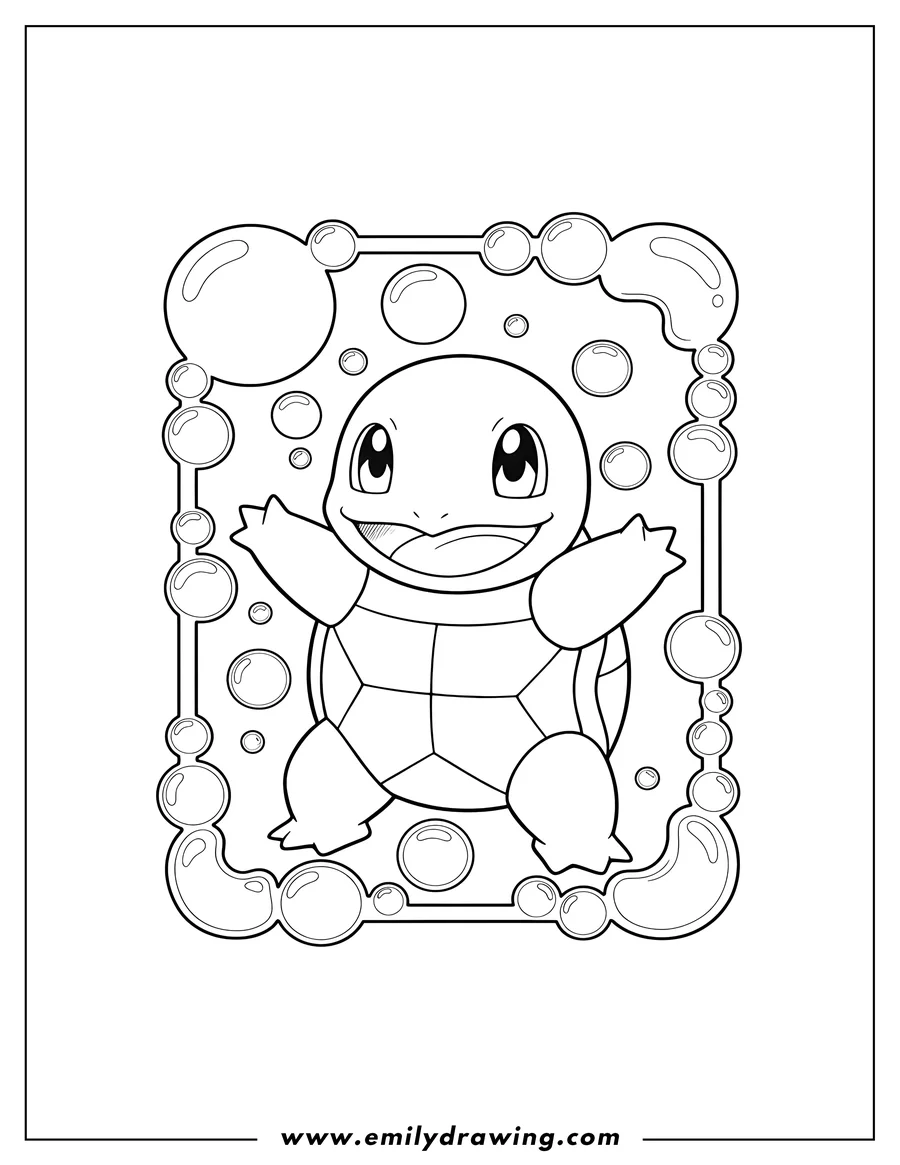 Downloadable coloring page of happy Squirtle with arms wide, Bubble Attack Pokemon Card