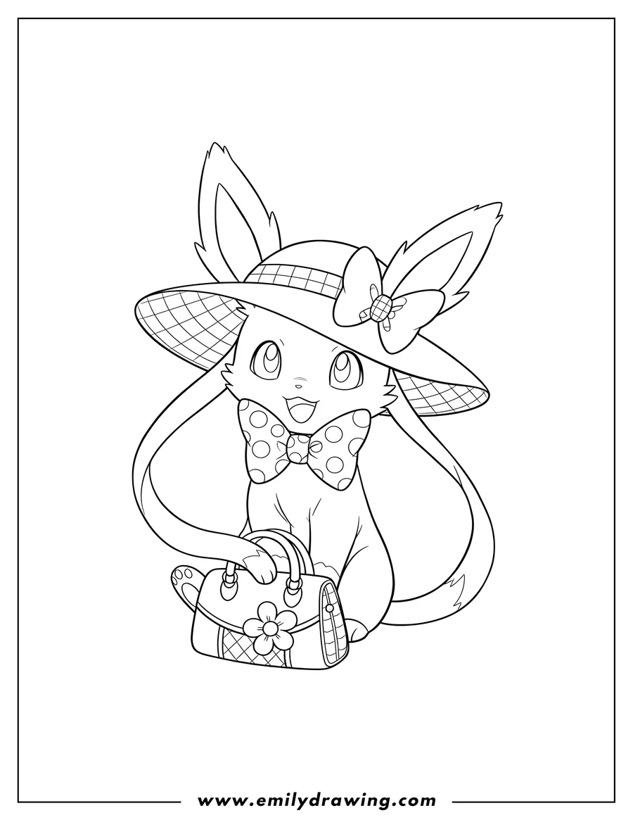 Black and white line art of happy Sylveon Sitting, Wearing a Hat and Bow Tie, Carrying a Handbag