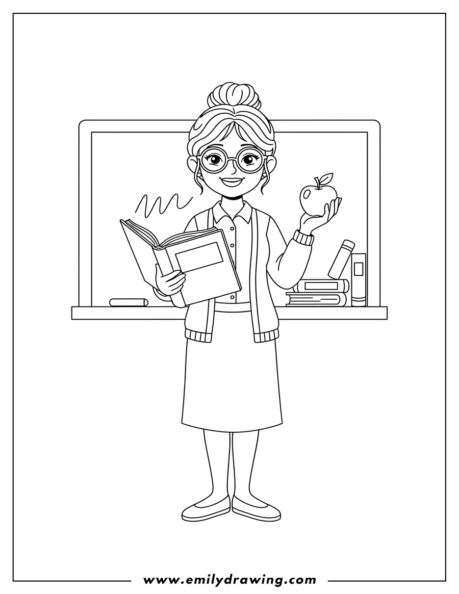 PDF style coloring page: happy Teacher Community Helper wearing glasses, holding a book and an apple