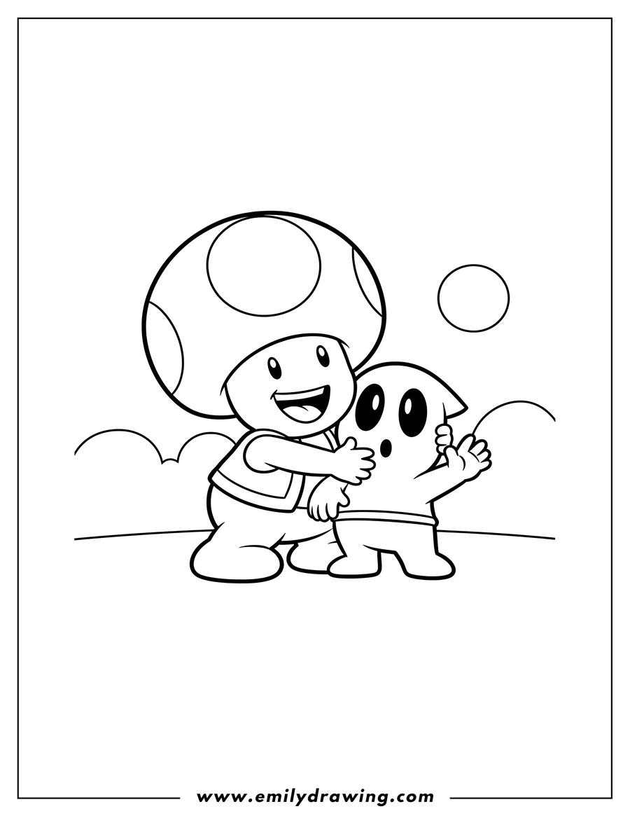 Black and white line art of happy Toad Hugging Surprised Shy Guy