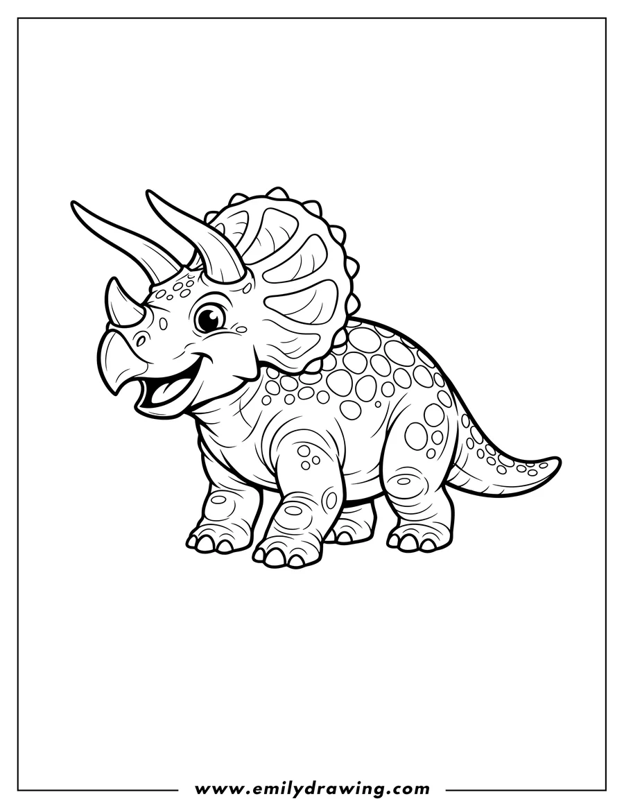 Linear illustration of happy Triceratops Scaled, standing, smiling, side profile