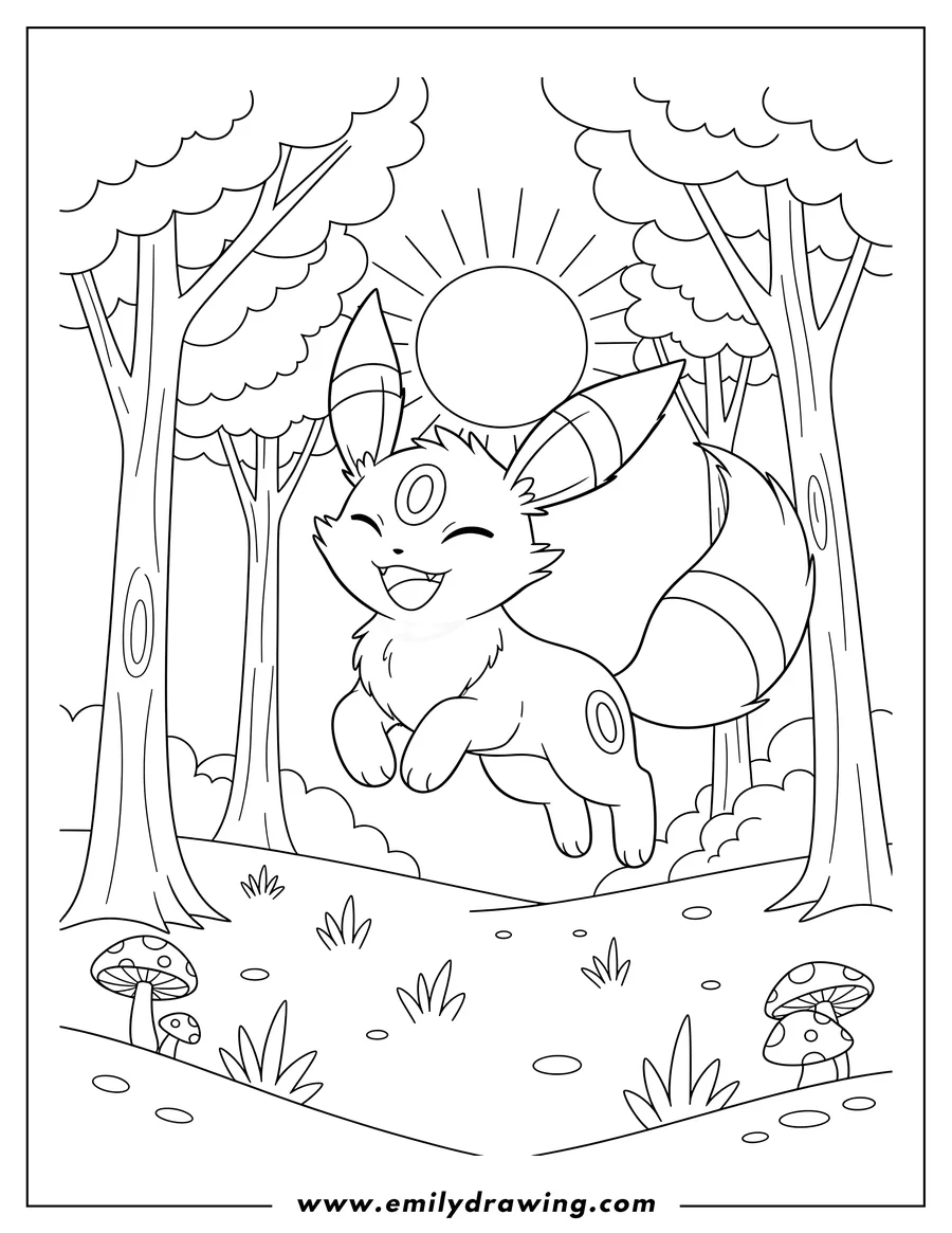 Full page coloring image of happy Umbreon leaping with closed eyes in a forest