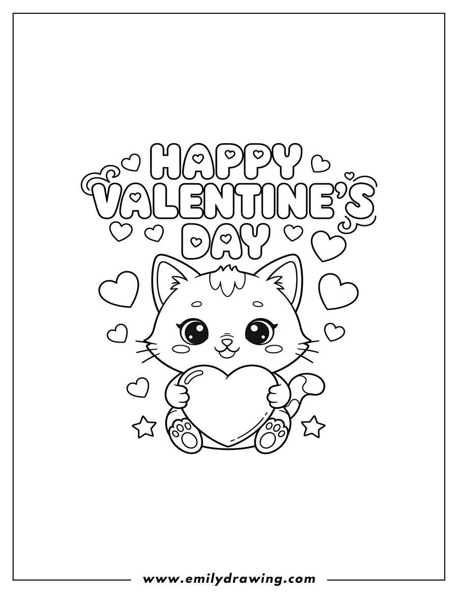 Free to print drawing of happy Valentine's Day words with a kawaii cat holding a heart
