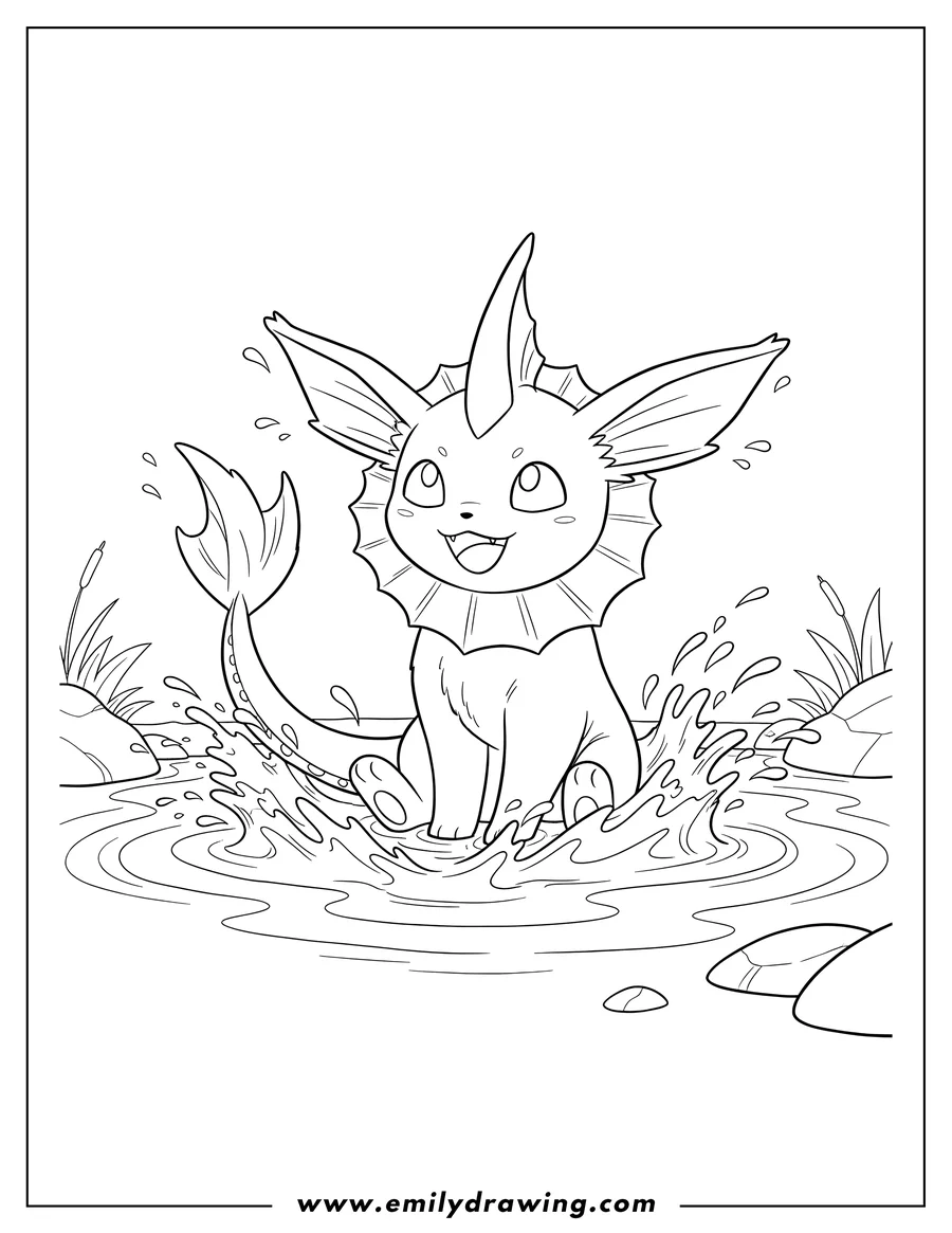 Clean line drawing: happy Vaporeon sitting in splashing water