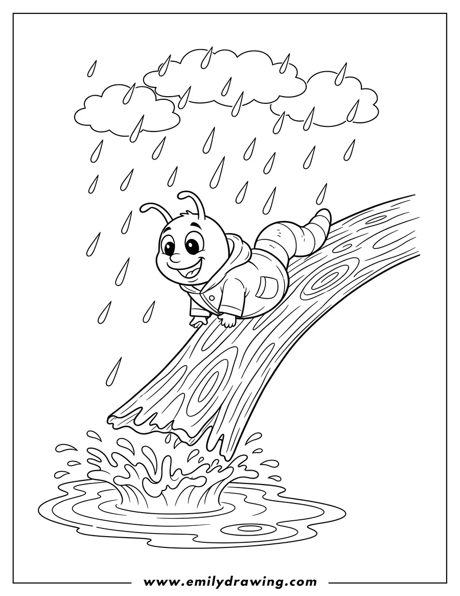 Vector style outline of happy Worm Sliding Down Log into a Puddle, in the Rain