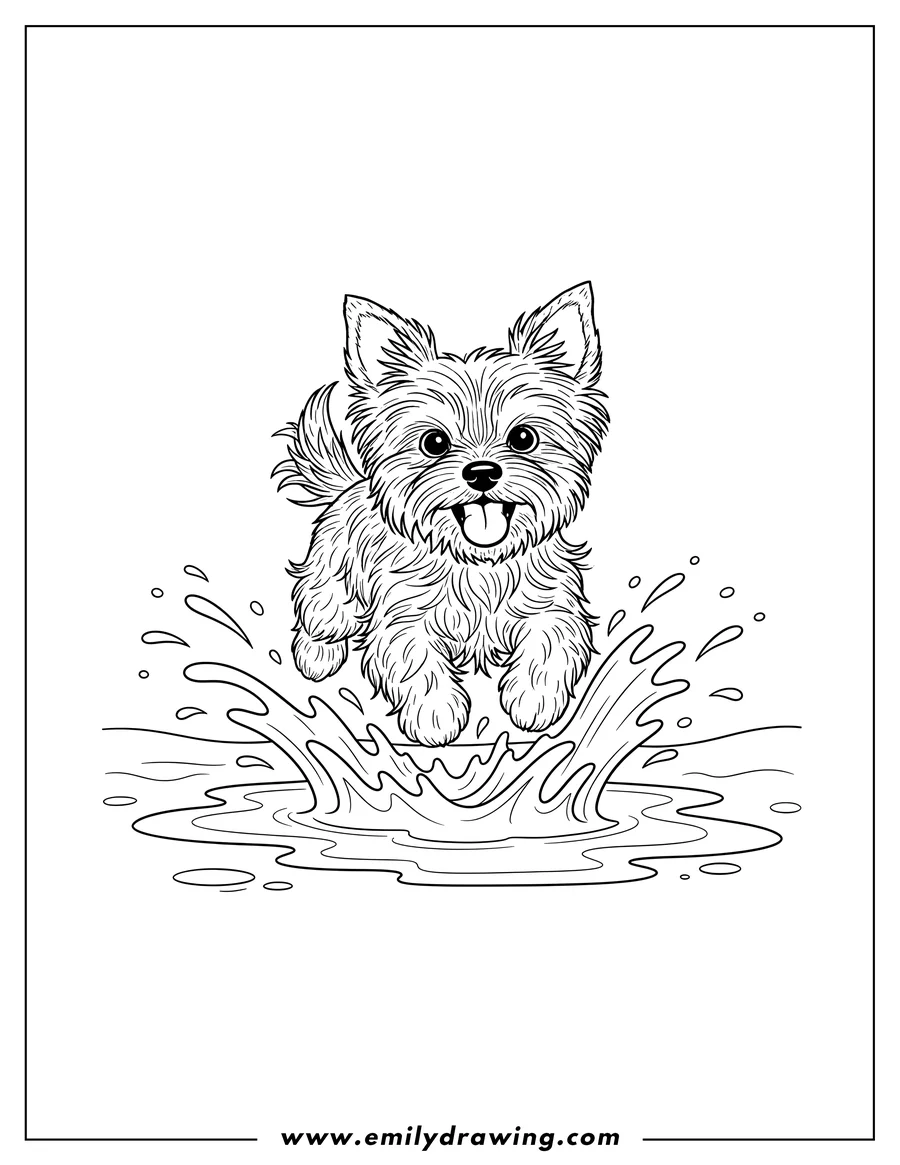 Vector style outline of happy Yorkie Dog Leaping Through Puddle, Tongue Out, Splashing Water